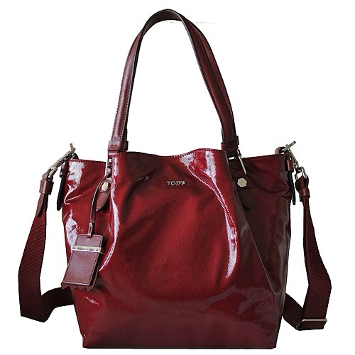 TOD’S FLOWER系列金屬LOGO牛皮飾邊亮漆皮帆布磁釦三層兩用包(中-紫紅)-3