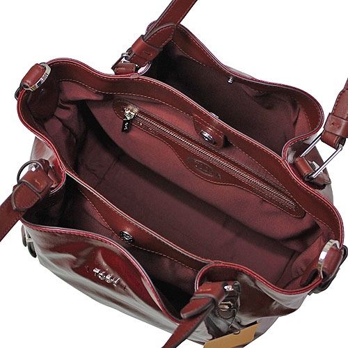 TOD’S FLOWER系列金屬LOGO牛皮飾邊亮漆皮帆布磁釦三層兩用包(中-紫紅)-4