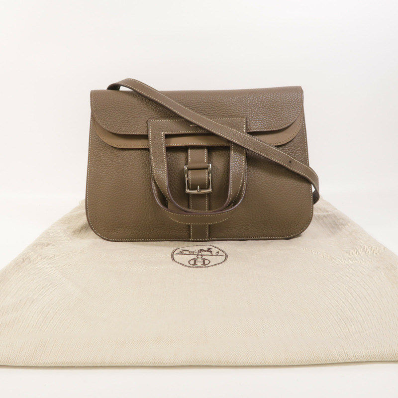 HERMES Clemence皮革Halzan 31銀扣手挽肩背兩用袋Etoupe-9