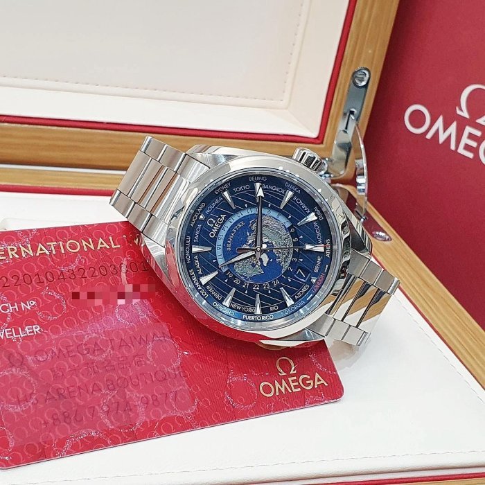 【大眾名錶】OMEGA歐米茄 220.10.43.22.03.001 海馬系列 地球浮雕面盤 2022/09 日期/世界時區/24小時/日夜顯示 B1139-1