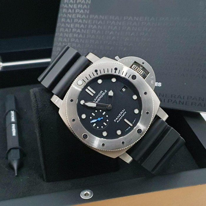【大眾名錶】PANERAI沛納海 PAM01305 黑面盤 2019/10 藍色小秒針 潛水錶龍頭護橋 B843-1