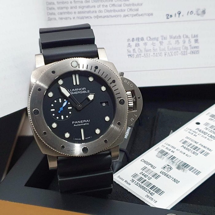 【大眾名錶】PANERAI沛納海 PAM01305 黑面盤 2019/10 藍色小秒針 潛水錶龍頭護橋 B843-2