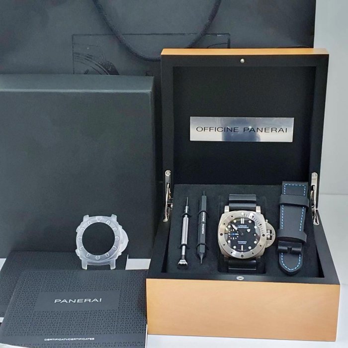 【大眾名錶】PANERAI沛納海 PAM01305 黑面盤 2019/10 藍色小秒針 潛水錶龍頭護橋 B843-9