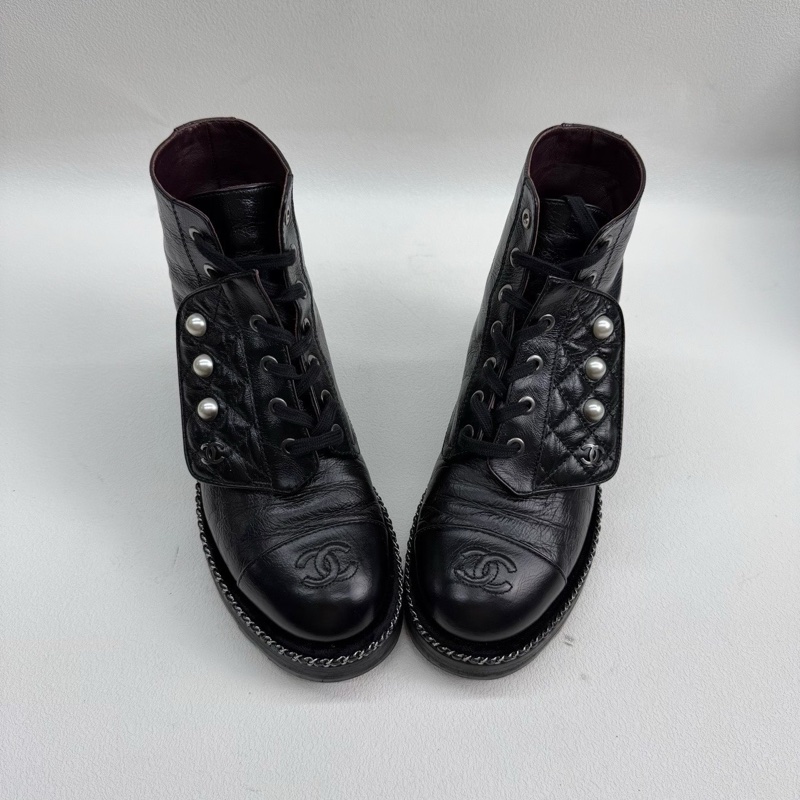 chanel香奈兒 油蠟皮珍珠馬丁靴 黑色珍珠短袖 37碼-8