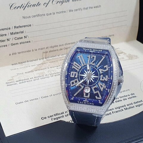【大眾名錶】Franck Muller 法蘭克穆勒 未使用新品 V45 SC DT 精鑲鑽石錶圈/時標藍色數字面盤 B488