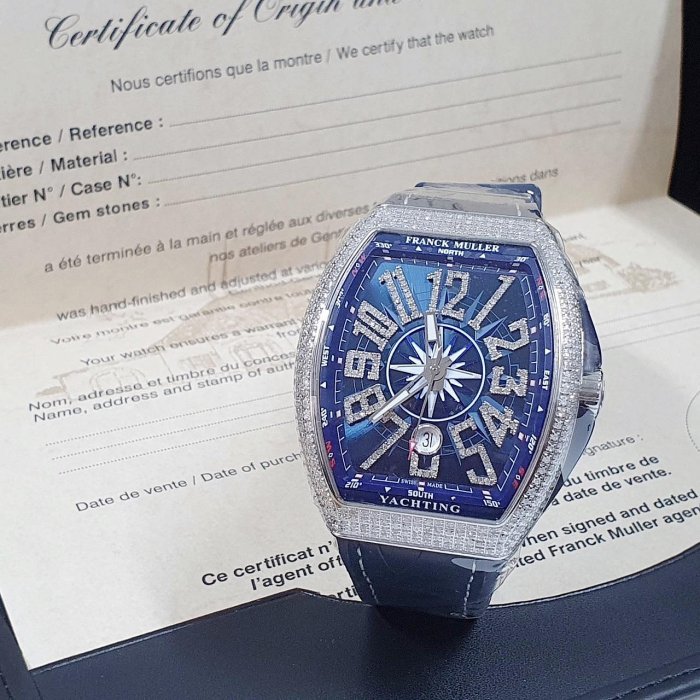 【大眾名錶】Franck Muller 法蘭克穆勒 未使用新品 V45 SC DT 精鑲鑽石錶圈/時標藍色數字面盤 B488-0