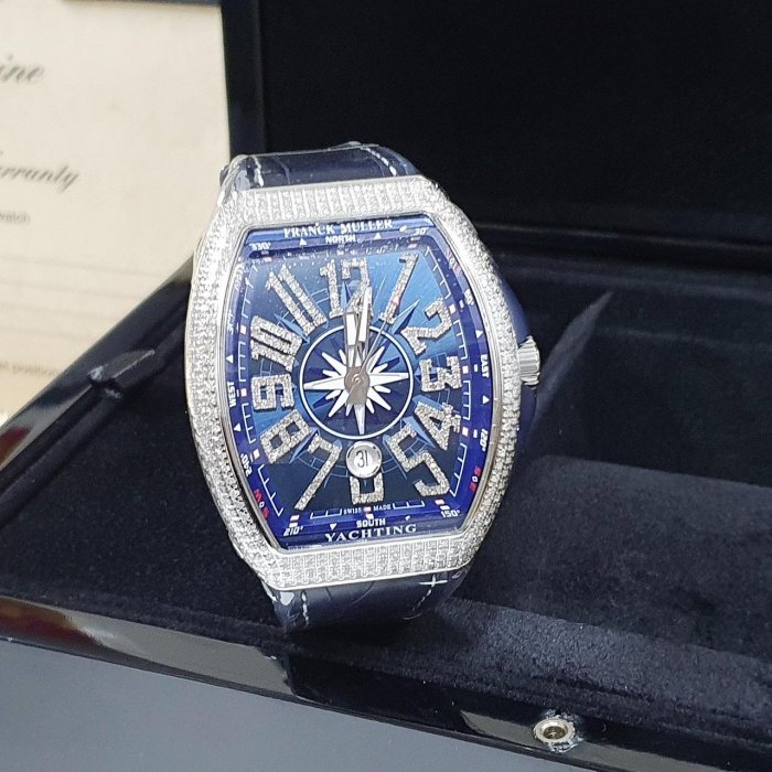 【大眾名錶】Franck Muller 法蘭克穆勒 未使用新品 V45 SC DT 精鑲鑽石錶圈/時標藍色數字面盤 B488-2