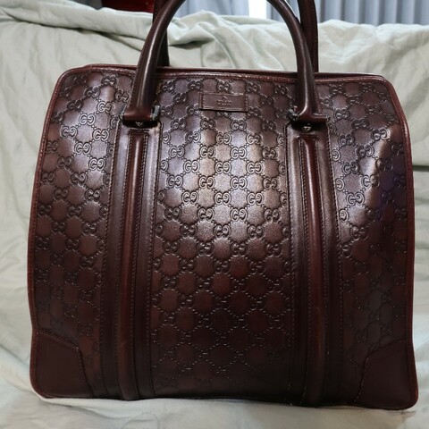 GUCCI 咖啡色 GUCCISSIMA皮革GG logo壓紋手提旅行袋 （guccissima 145842）