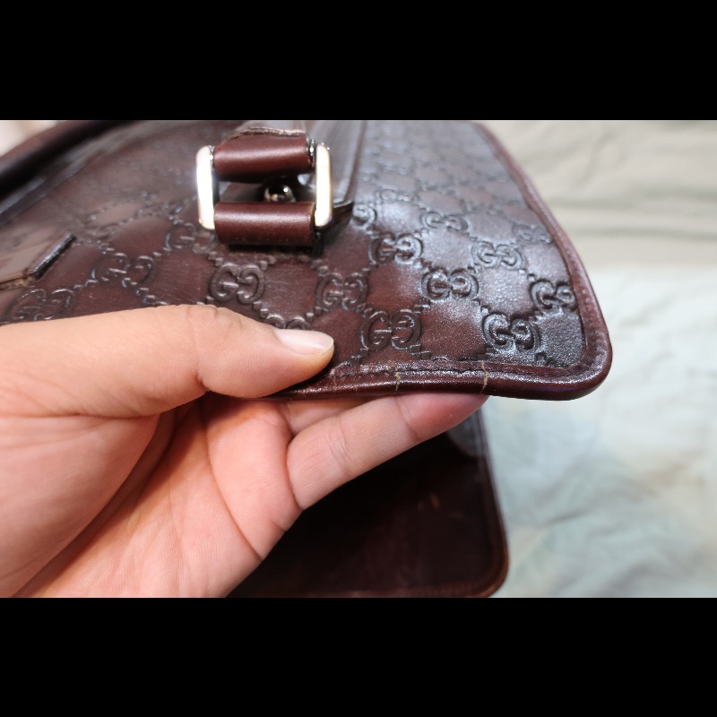 GUCCI 咖啡色 GUCCISSIMA皮革GG logo壓紋手提旅行袋 (guccissima 145842)-5