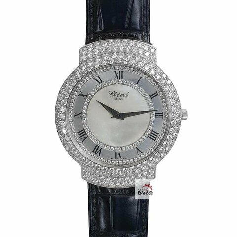 【大眾名錶】CHOPARD 蕭邦 16/3154 大錶徑 18K白金 後加鑽石錶圈 共約5克拉 鑽石貝殼羅馬面盤 G132