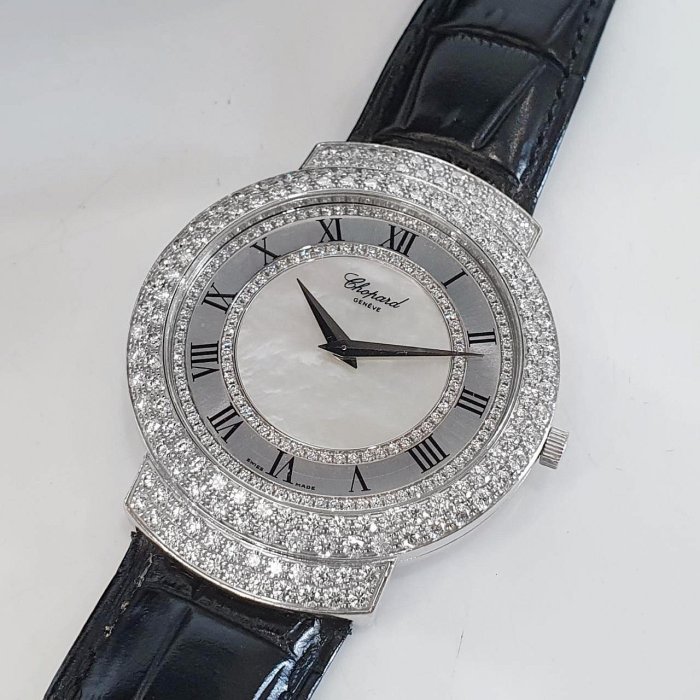 【大眾名錶】CHOPARD 蕭邦 16/3154 大錶徑 18K白金 後加鑽石錶圈 共約5克拉 鑽石貝殼羅馬面盤 G132-8