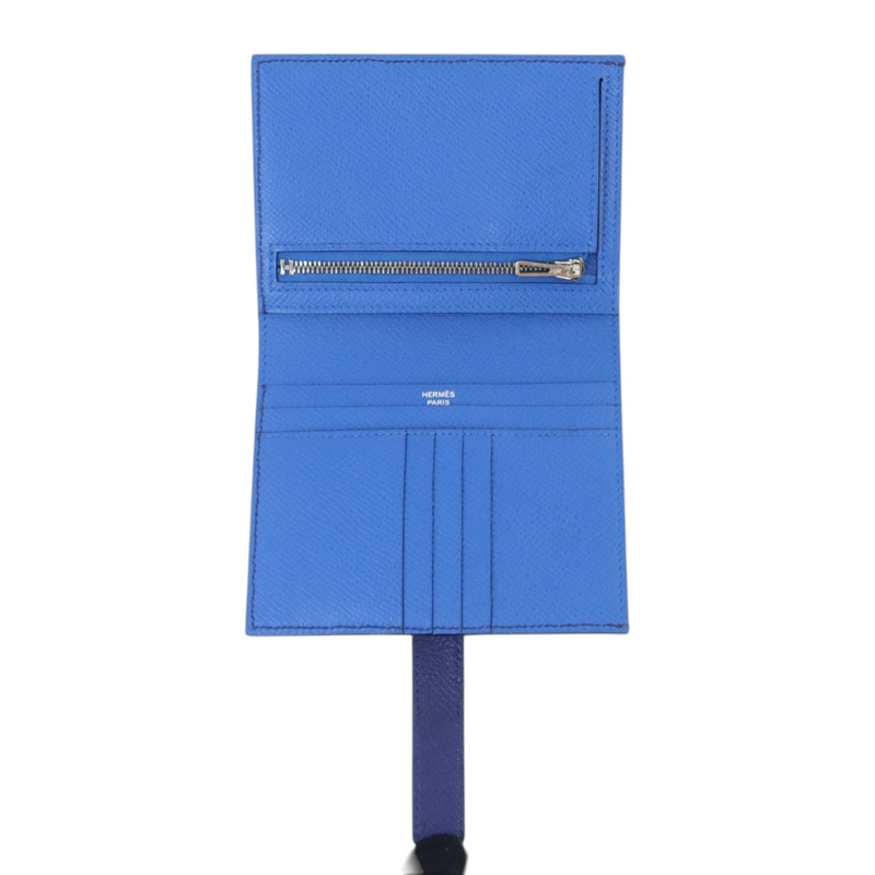 HERMES Epsom皮革Bearn Compact Wallet銀扣錢包Blue Encre-5