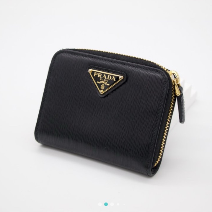 Prada 普拉達 SAFFIANO TRIANG 黑色 水波紋小牛皮 金色三角 LOGO 拉鍊卡夾 零錢包-6