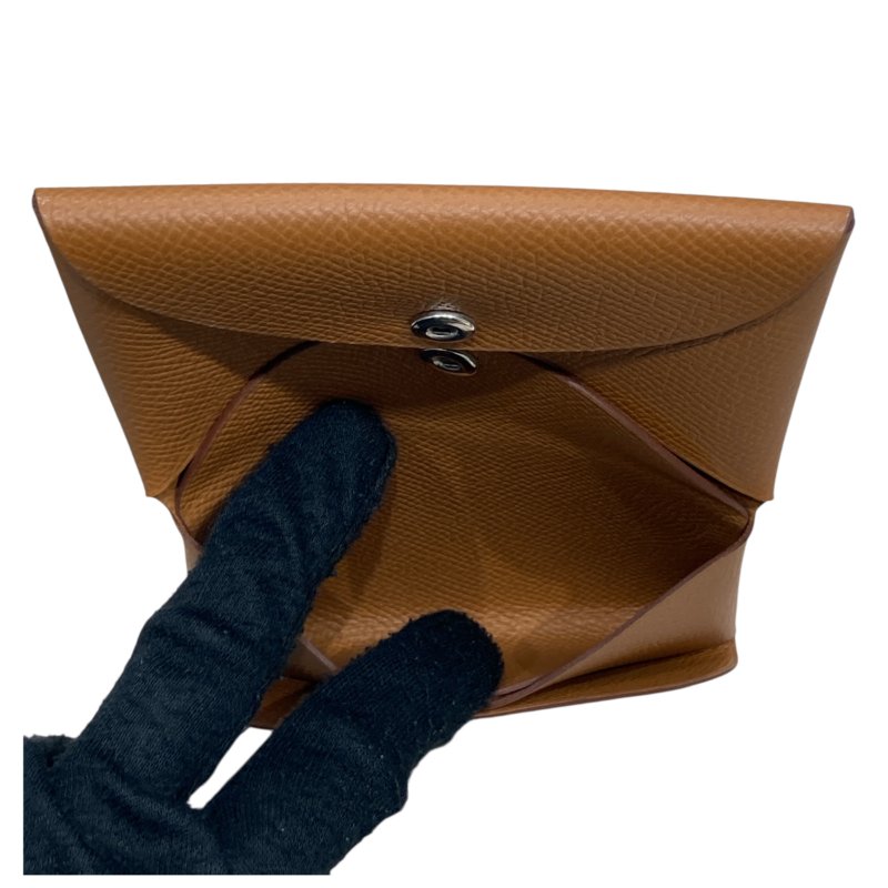 HERMES 愛馬仕 W刻 CALVI DUO 零錢包 EPSOM皮革 金棕色 銀釦-11