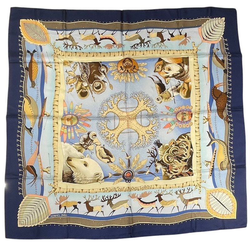 HERMES 愛馬仕 CARRE 90 LA VIE DU GRAND NORD 絲巾 絲綢 藍色-1