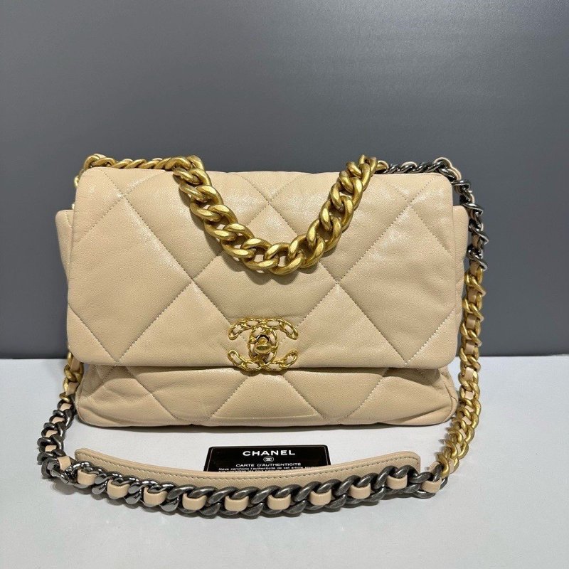 💖Chanel 19 bag 中號98新鍊帶肩背包 金釦超美💖母親節大優惠🉐 NT:119,000 氣質拉滿杏色羊皮 30*21*8.5-0