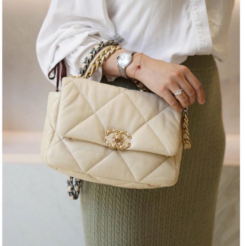 💖Chanel 19 bag 中號98新鍊帶肩背包 金釦超美💖母親節大優惠🉐 NT:119,000 氣質拉滿杏色羊皮 30*21*8.5-5