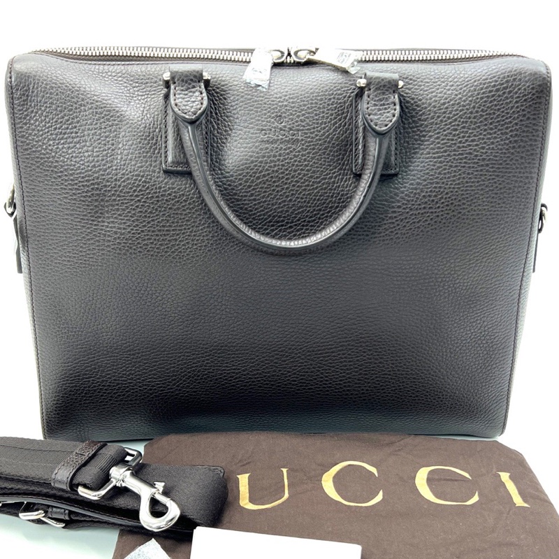 Gucci古馳 黑咖色全皮公文包 尺寸36/28 附件：塵袋 肩帶-0