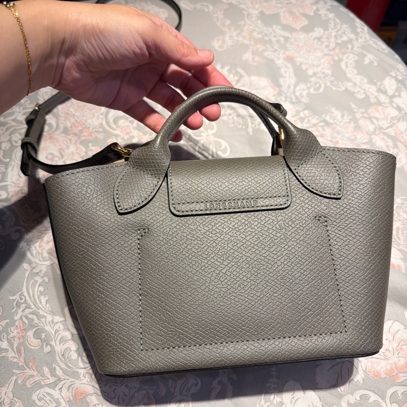 近9.9成新 Longchamp 灰色牛皮手提斜背包-6