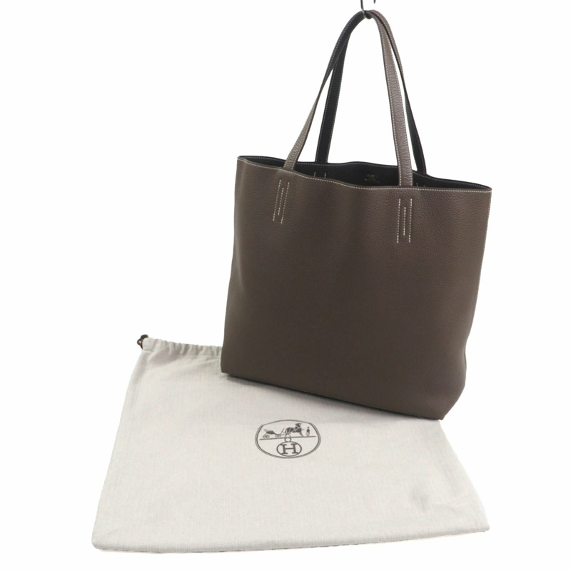 愛馬仕 Double Sens 45 手提包,Taurillon Clemence 皮革,Etoupe/Ebene,K 印章,帶防塵罩,法國製造,男士款。-1