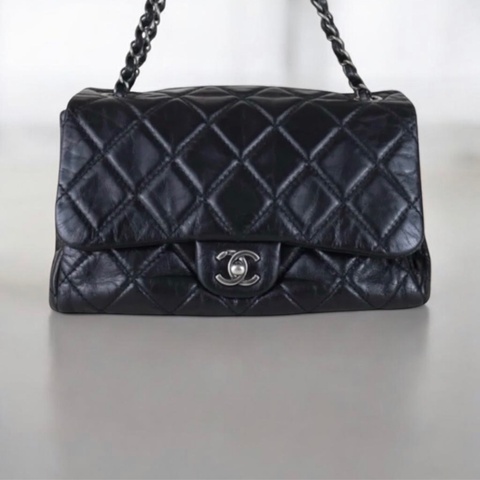 「JL精品代購」98新 Chanel 香奈兒 油蠟皮黑銀cf25