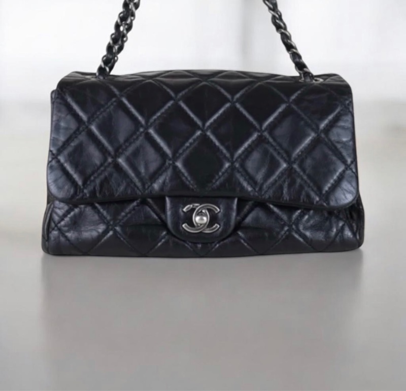 「JL精品代購」98新 Chanel 香奈兒 油蠟皮黑銀cf25-0