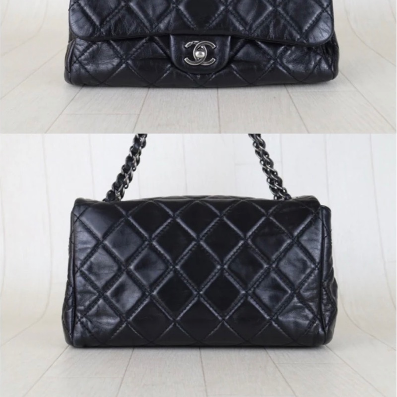 「JL精品代購」98新 Chanel 香奈兒 油蠟皮黑銀cf25-3