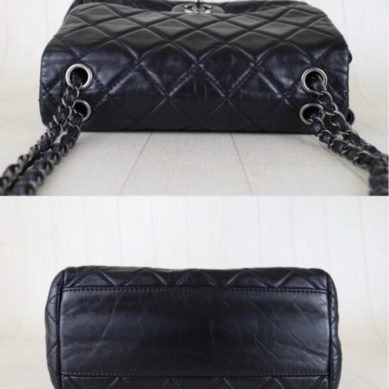 「JL精品代購」98新 Chanel 香奈兒 油蠟皮黑銀cf25-5