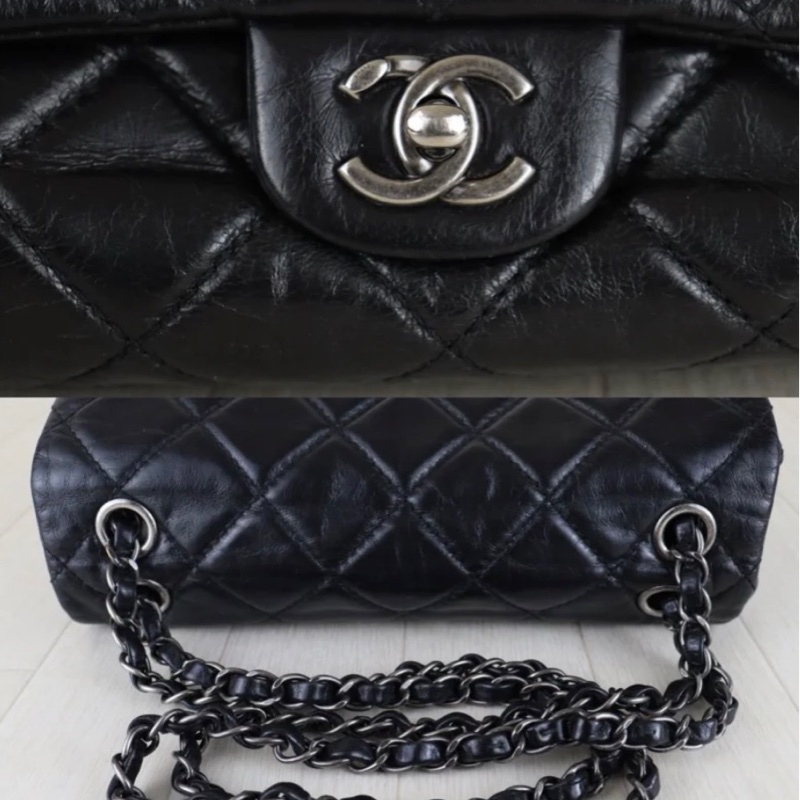 「JL精品代購」98新 Chanel 香奈兒 油蠟皮黑銀cf25-7