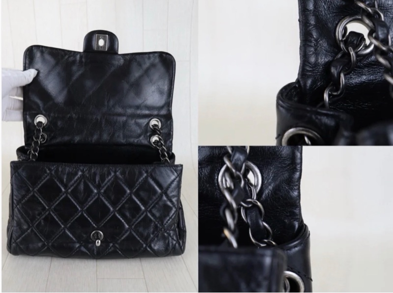 「JL精品代購」98新 Chanel 香奈兒 油蠟皮黑銀cf25-8