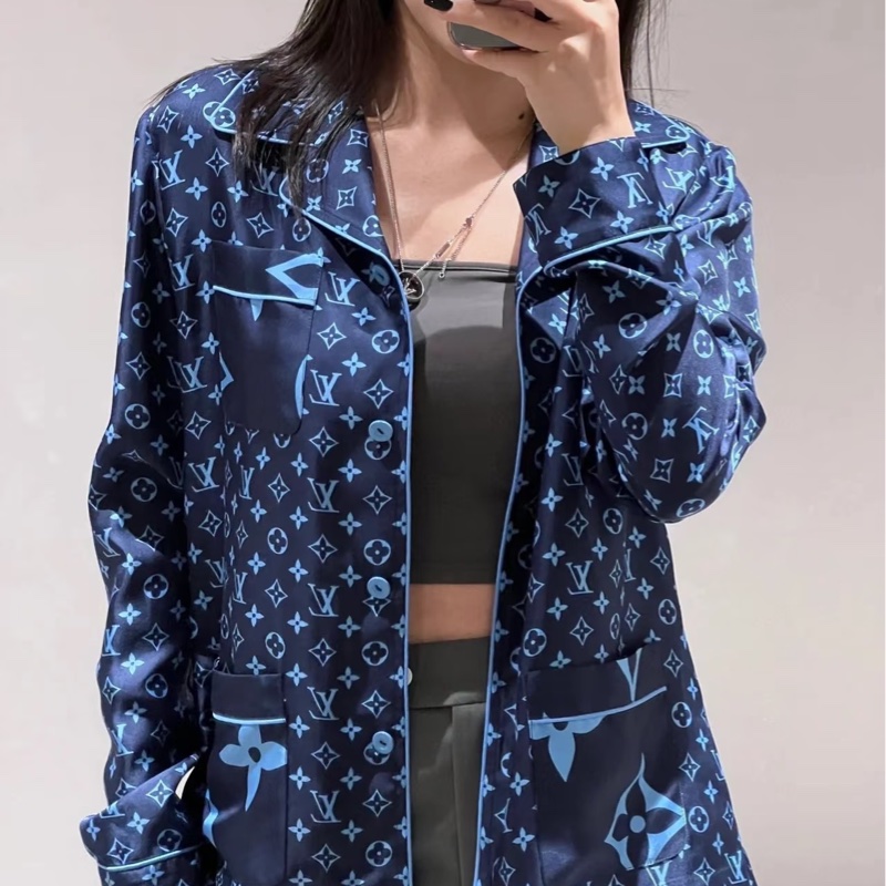 Louis Vuitton 蓝色满印老花丝绸睡衣式衬衫-4