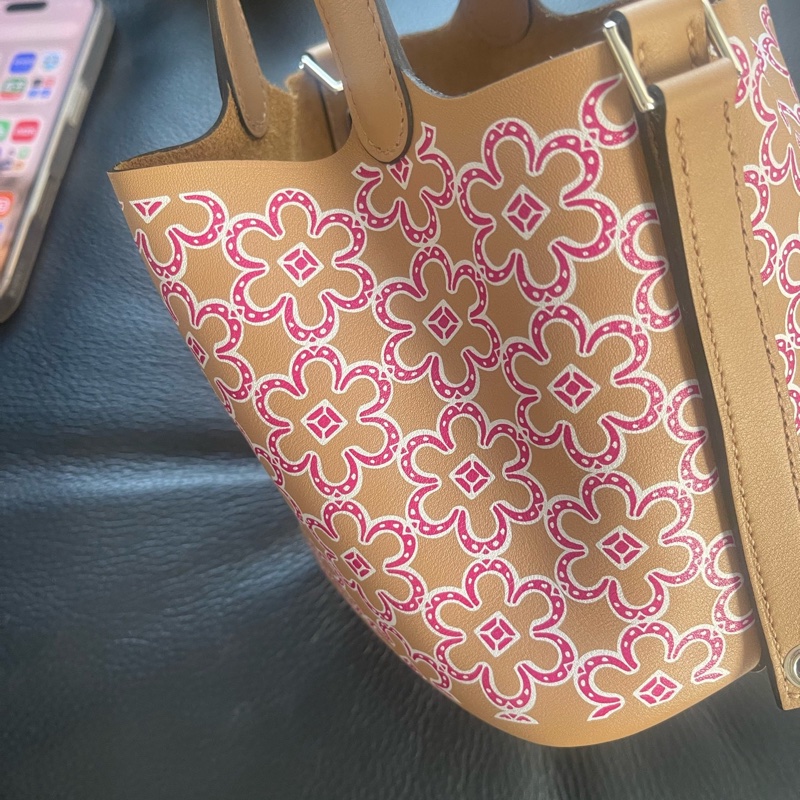 Hermes愛馬仕 奶茶色銀扣小花菜籃子14 U刻-0