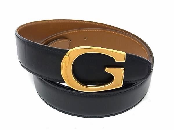 真品 GUCCI 真皮雙面金扣腰帶 黑色棕色-0