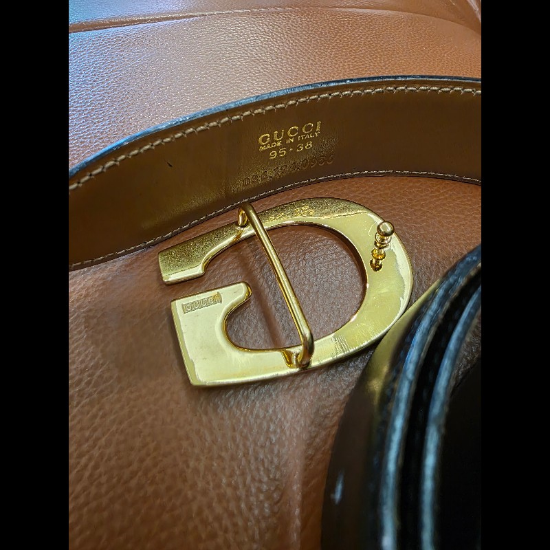 真品 GUCCI 古馳 真皮雙面金扣腰帶 黑色棕色-12