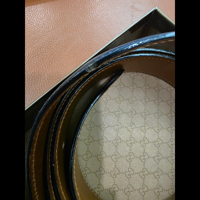 真品 GUCCI 古馳 真皮雙面金扣腰帶 黑色棕色-14