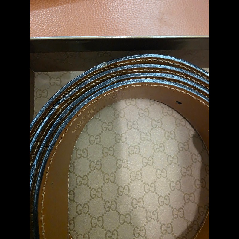 真品 GUCCI 古馳 真皮雙面金扣腰帶 黑色棕色-15