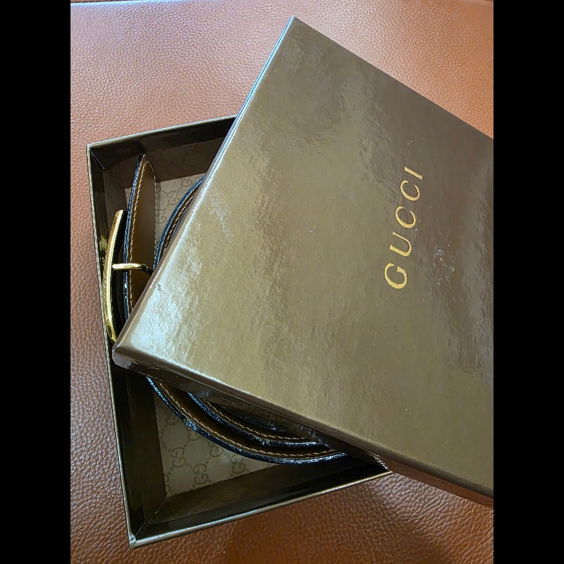 真品 GUCCI 古馳 真皮雙面金扣腰帶 黑色棕色-11