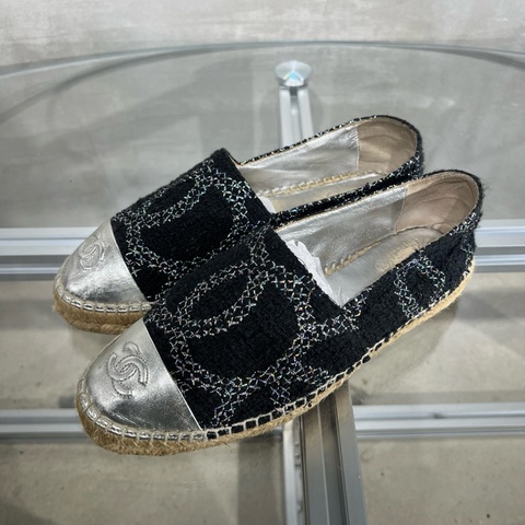 Chanel香奈兒 黑銀 雙C漁夫鞋 37碼