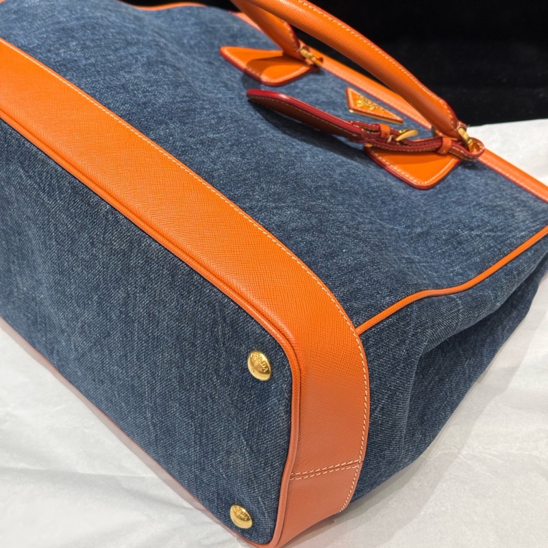 99新Prada/普拉達 撞色拼皮牛仔手提包 橙色與牛仔的碰撞 🈚附件-2