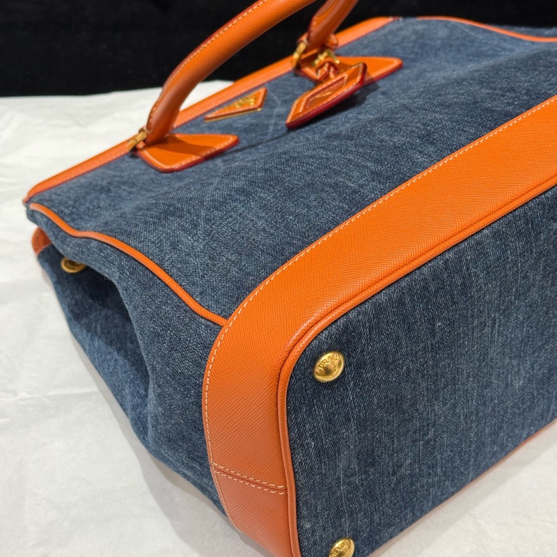 99新Prada/普拉達 撞色拼皮牛仔手提包 橙色與牛仔的碰撞 🈚附件-3