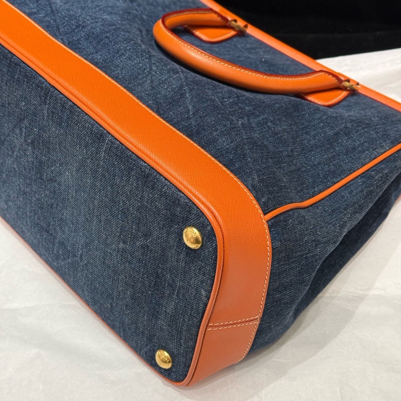 99新Prada/普拉達 撞色拼皮牛仔手提包 橙色與牛仔的碰撞 🈚附件-4