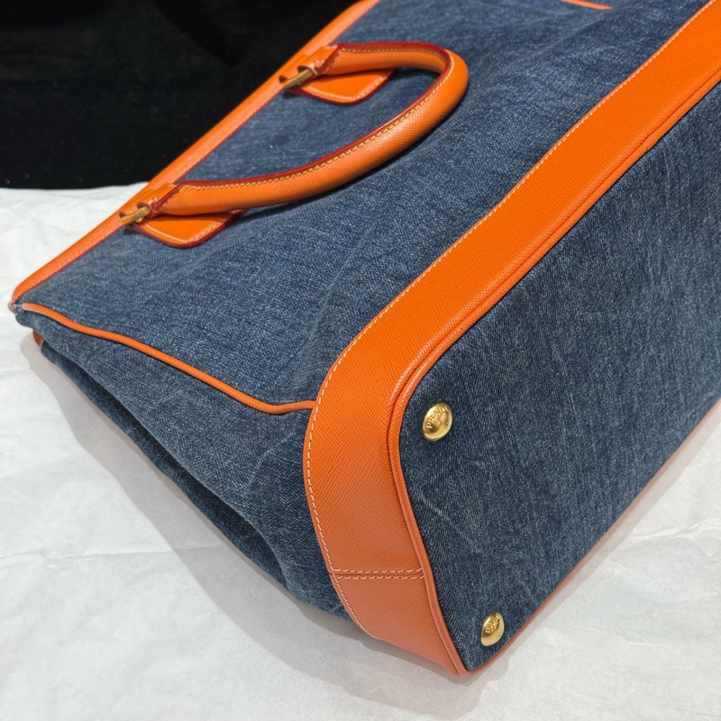 99新Prada/普拉達 撞色拼皮牛仔手提包 橙色與牛仔的碰撞 🈚附件-5