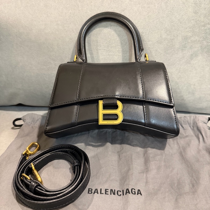 BALENCIAGA 巴黎世家 Hourglass XS黑色B字標誌牛皮手提斜背沙漏包-6
