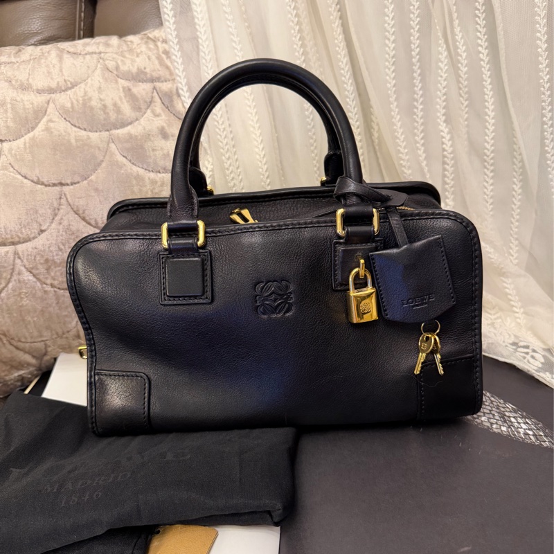 羅意威 黑色皮革 托特包 手提包 腋下包 Amazona 28 側背包 皮革 斜挎包 中古 loewe amazona 28 shoulder bag-2