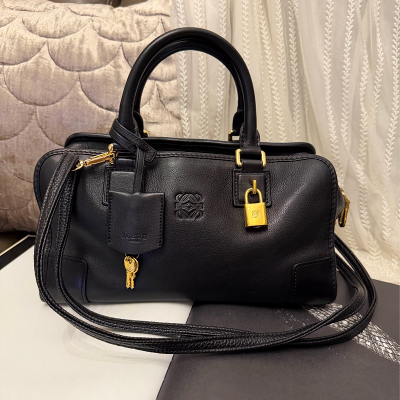 羅意威 黑色皮革 托特包 手提包 腋下包 Amazona 28 側背包 皮革 斜挎包 中古 loewe amazona 28 shoulder bag-5