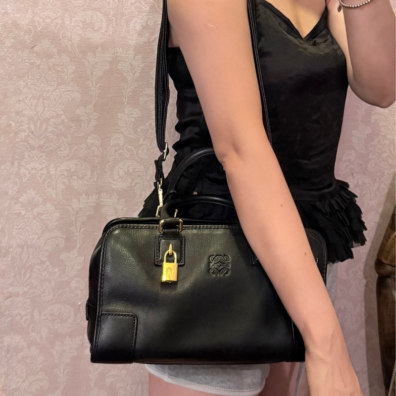 羅意威 黑色皮革 托特包 手提包 腋下包 Amazona 28 側背包 皮革 斜挎包 中古 loewe amazona 28 shoulder bag-6