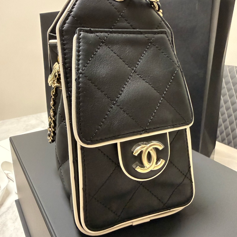 黑白Chanel Mini 25 金扣 小牛皮-7