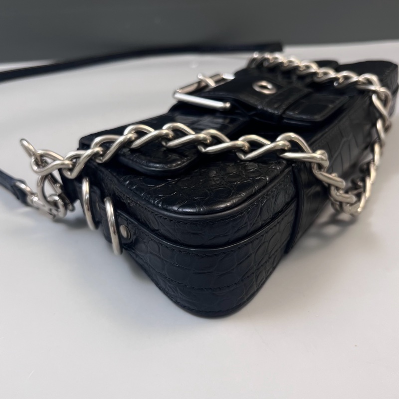 Balenciaga/巴黎世家 黑銀鰐魚壓紋 斜挎手提包-2