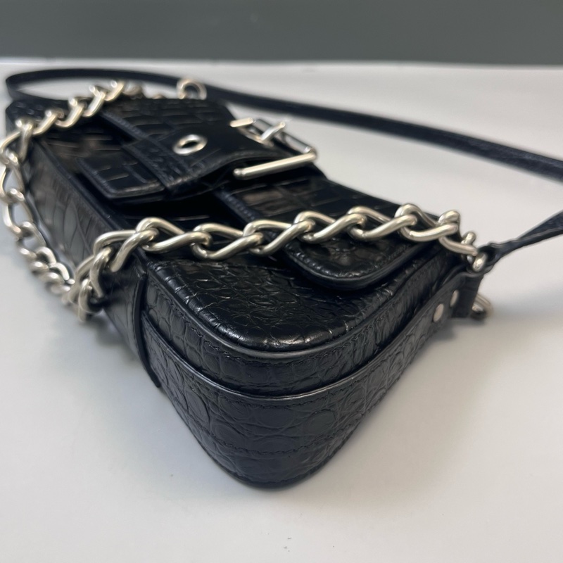 Balenciaga/巴黎世家 黑銀鰐魚壓紋 斜挎手提包-3