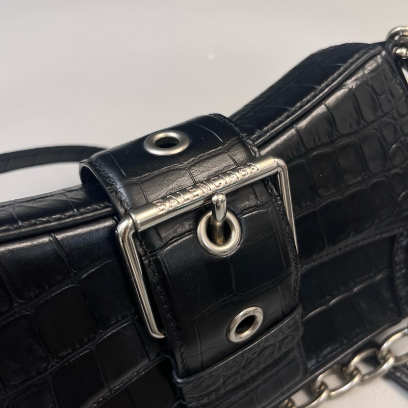 Balenciaga/巴黎世家 黑銀鰐魚壓紋 斜挎手提包-6